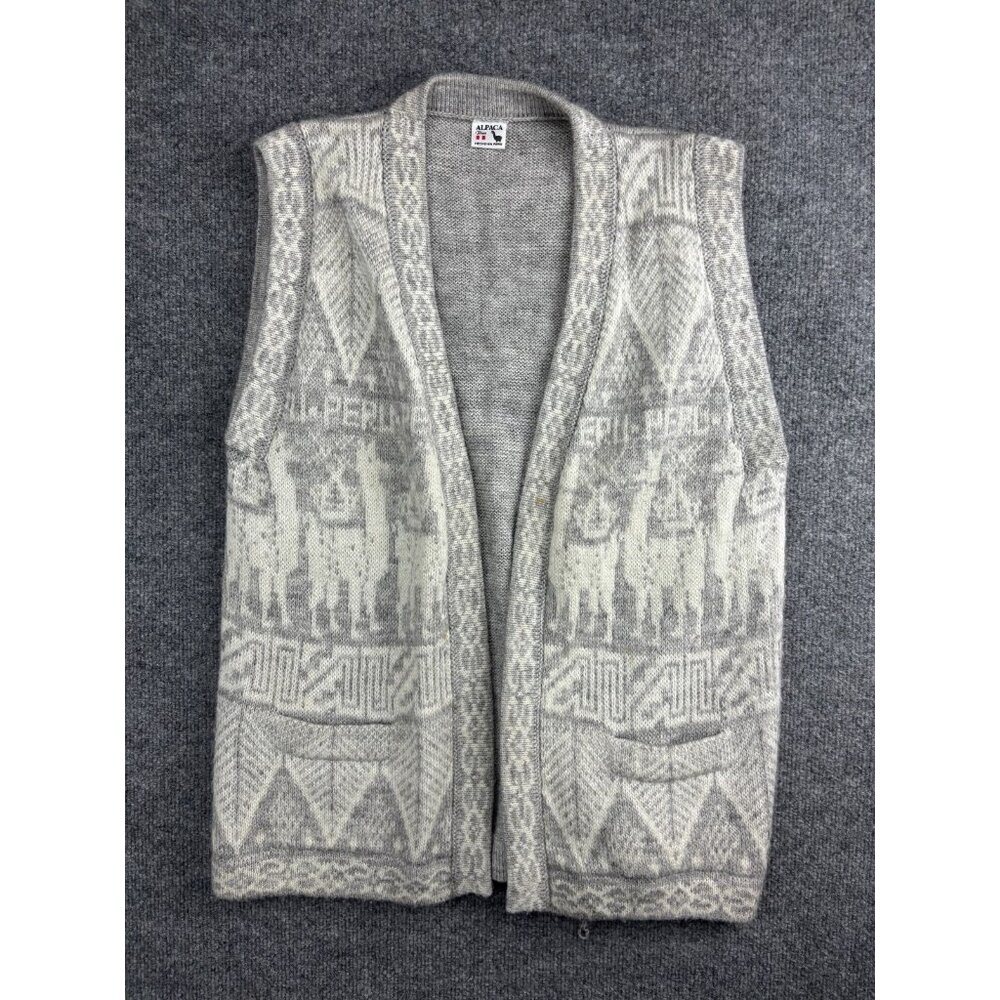 Alpaca Peruvian Sweater Women's Gray Aztec Print Open Pockets‎